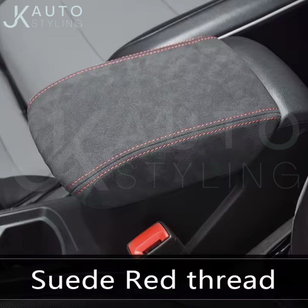 Ford Focus MK3.5 2015-2018 Black PU Suede Armrest Cover Protector Red Stitch