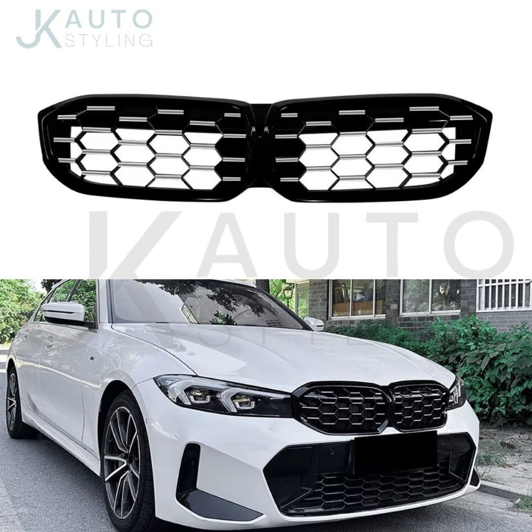 BMW 3 Series G20 G21 2023-2025 Black + Silver Diamond Honeycomb Kidney Grille