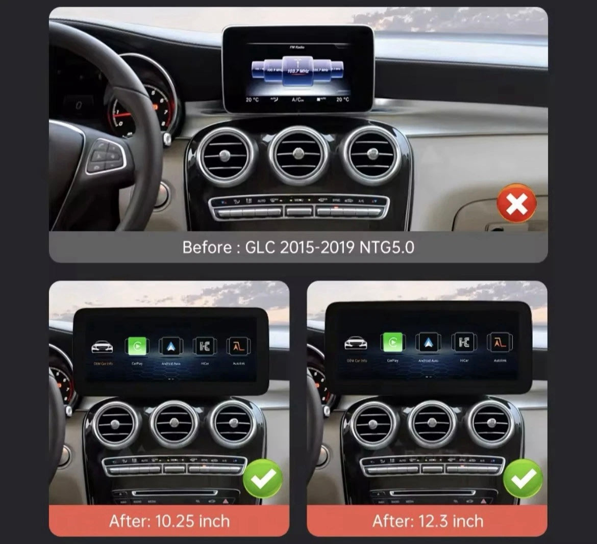 10.25" NTG5.0 Screen Upgrade With Carplay Android Auto For Mercedes A C CLA GLA GLC V Class W205 W176 W447 2015-2018
