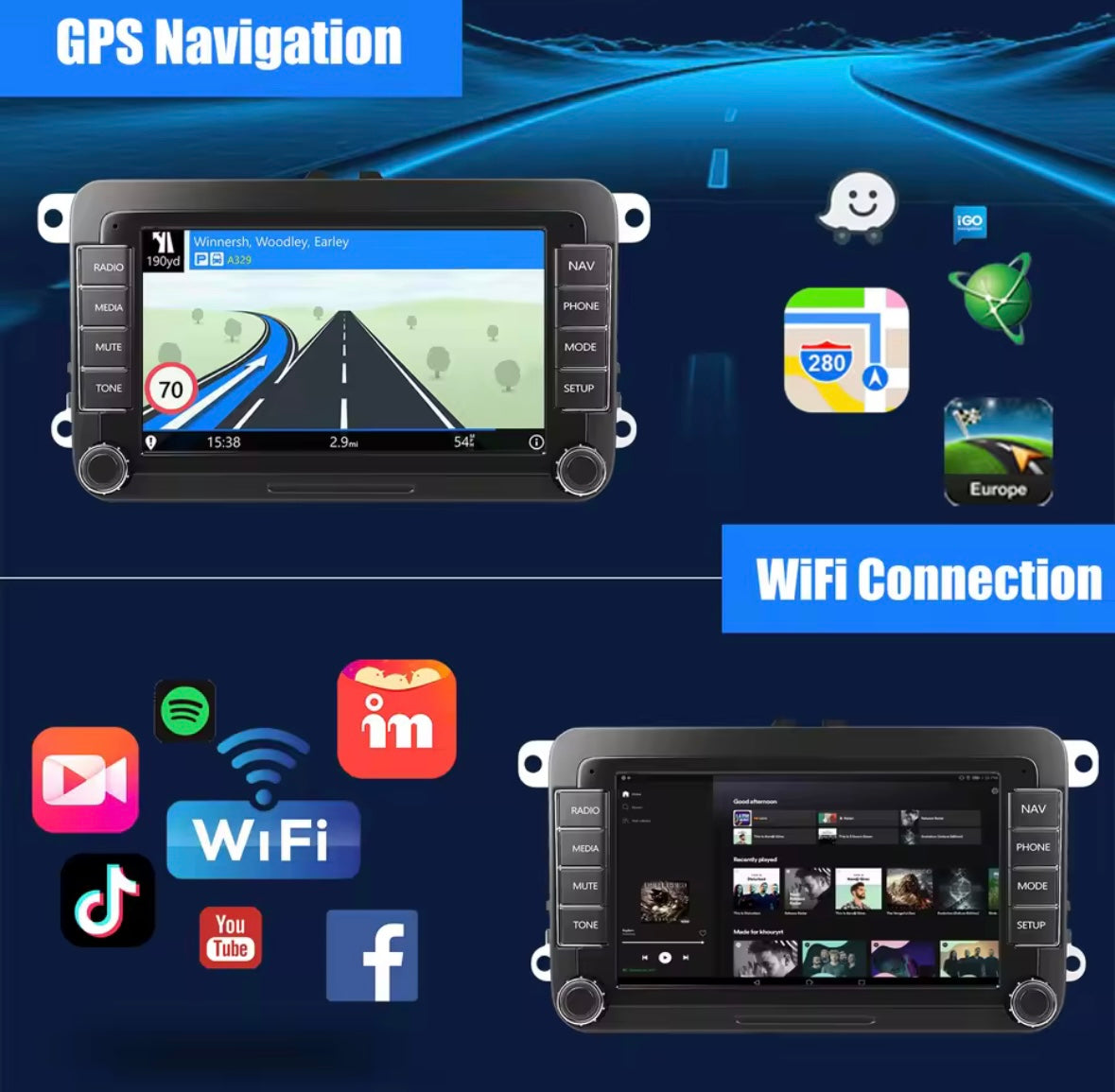7" Touchscreen Unit With Apple Carplay & Android Auto For Volkswagen, Skoda, Seat