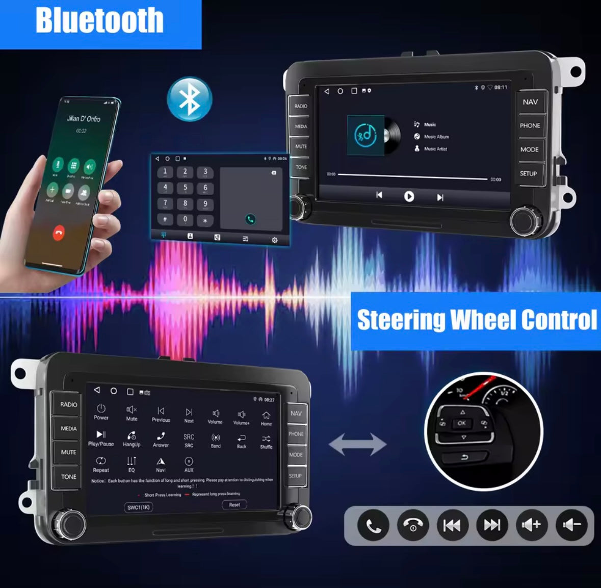 7" Touchscreen Unit With Apple Carplay & Android Auto For Volkswagen, Skoda, Seat
