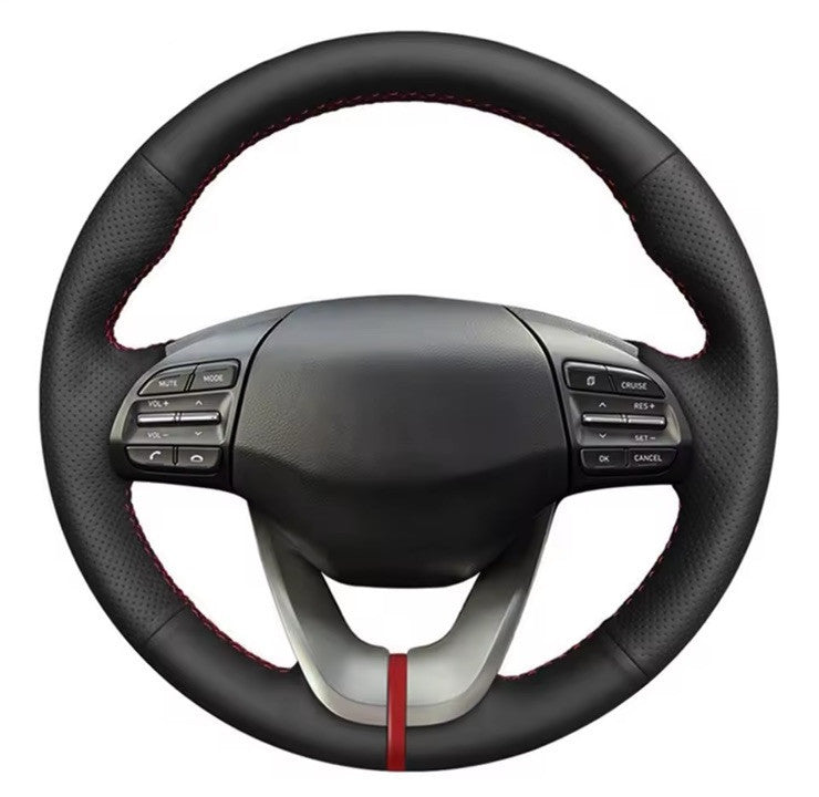 Hyundai I30 Veloster 2017-19 Leather Steering Wheel Cover Self Stitch Red Thread