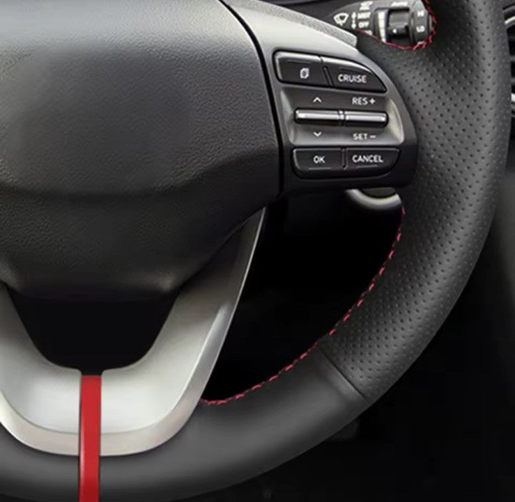 Hyundai I30 Veloster 2017-19 Leather Steering Wheel Cover Self Stitch Red Thread