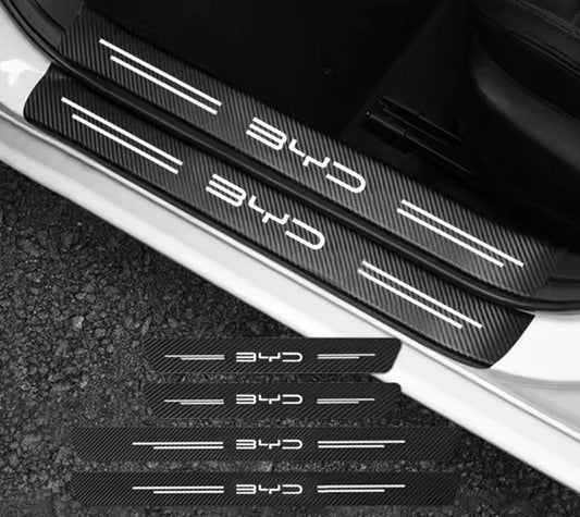 BYD Carbon Fibre Effect Adhesive Door Sill Overlay Strips Protectors Vinyl 4pcs