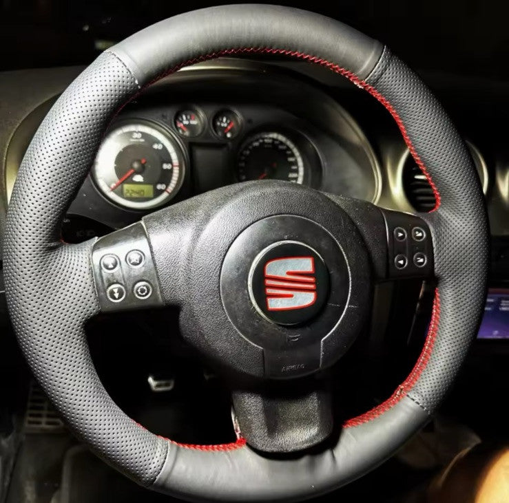 Seat Leon MK2 Ibiza 6L Leather Steering Wheel Cover Self Stitch Red Black