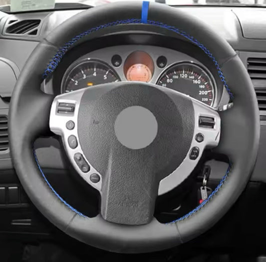 Leather Steering Wheel Cover For Nissan Qashqai X-Trail Black W/ Blue Stitching