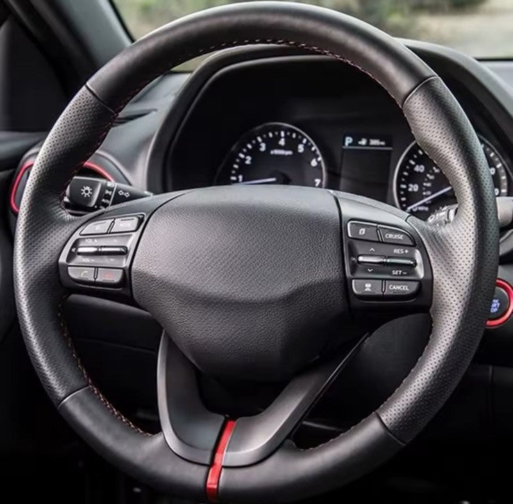 Hyundai I30 Veloster 2017-19 Leather Steering Wheel Cover Self Stitch Red Thread