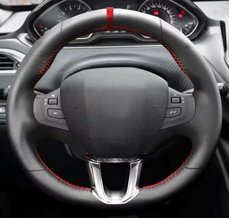 Peugeot 208 2008 2014-2018 Black Red Leather Steering Wheel Cover Self Stitch
