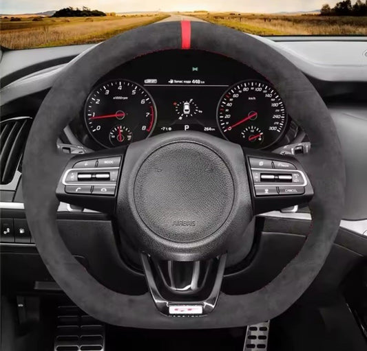 Kia Stinger 2017-2020 Suede Steering Wheel Cover Self Stitch Red Thread Line