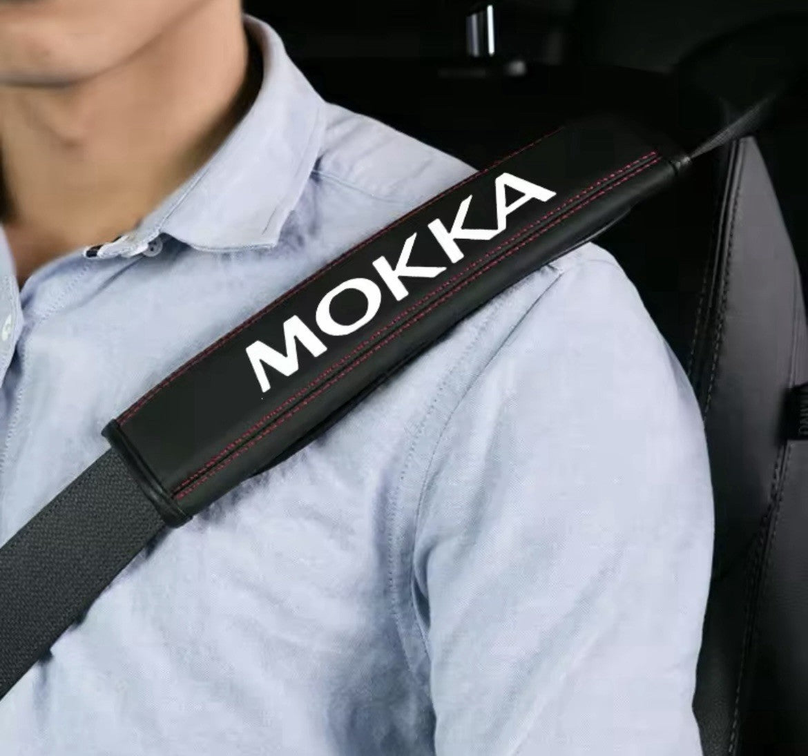 Vauxhall Mokka Leather Seatbelt Shoulder Cover Pads Black & Red 2pcs