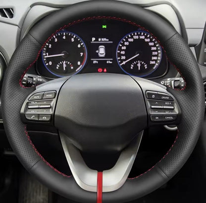 Hyundai I30 Veloster 2017-19 Leather Steering Wheel Cover Self Stitch Red Thread
