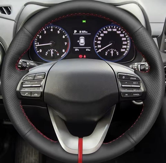 Hyundai I30 Veloster 2017-19 Leather Steering Wheel Cover Self Stitch Red Thread