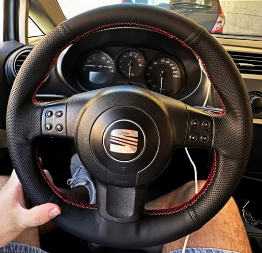 Seat Leon MK2 Ibiza 6L Leather Steering Wheel Cover Self Stitch Red Black